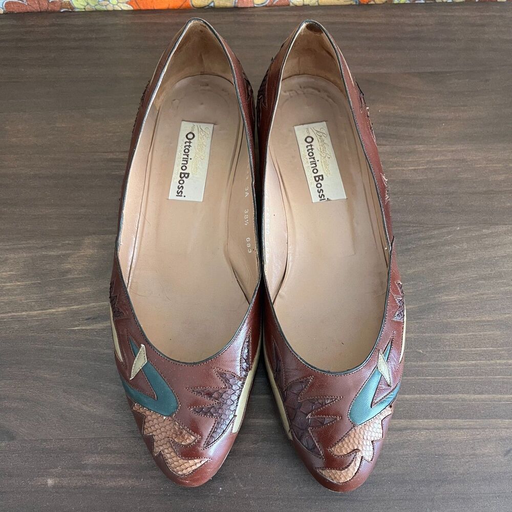Vintage Ottorino Bossi Brown Leather Applique Kitten Heels